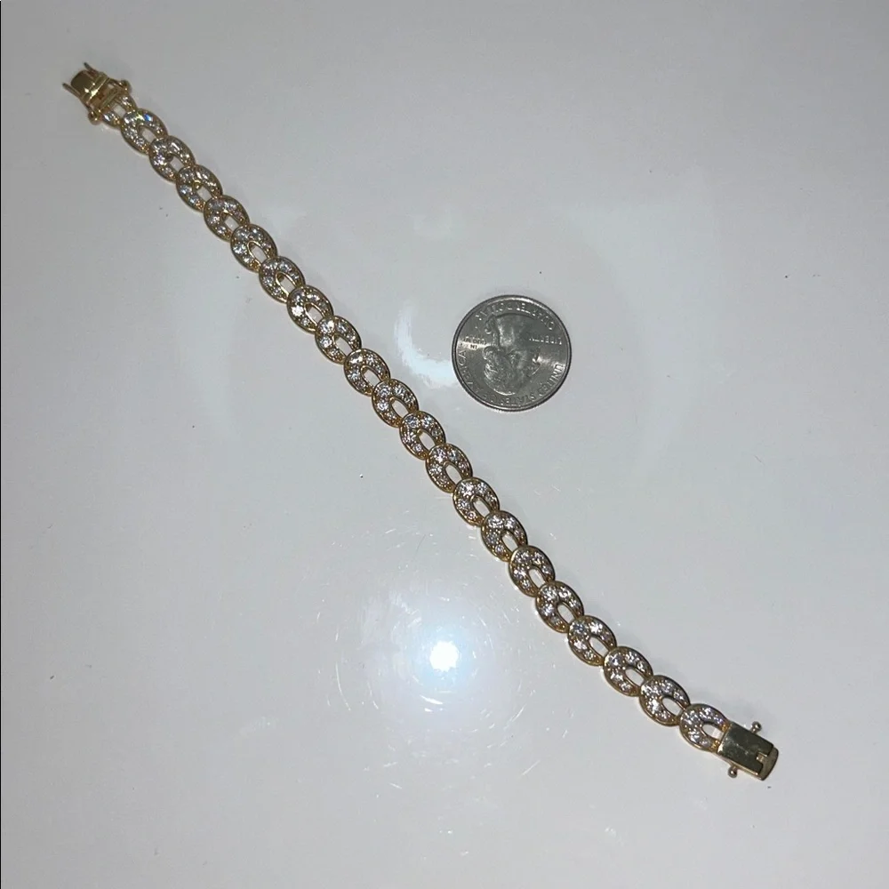 NWOT Gold Plt Sterling Silver Rhinestone Horseshoe Link Designer Line Bracelet